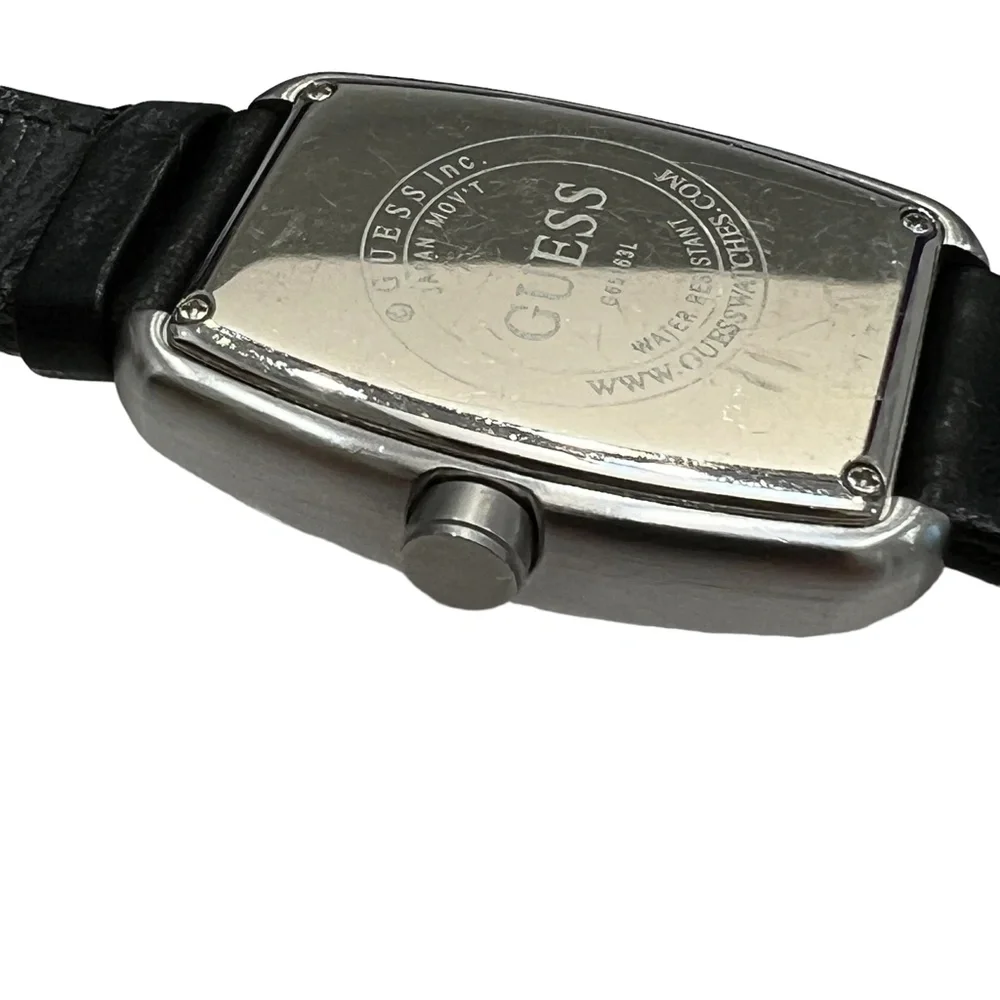 GUESS BLACK TANK WATCH w RECTANGLE FACE & PAVE CRYSTAL BEZEL & LEATHER STRAP